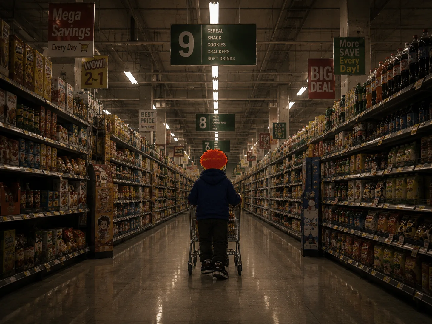 Byoch pushing a cart down supermarket aisle 9