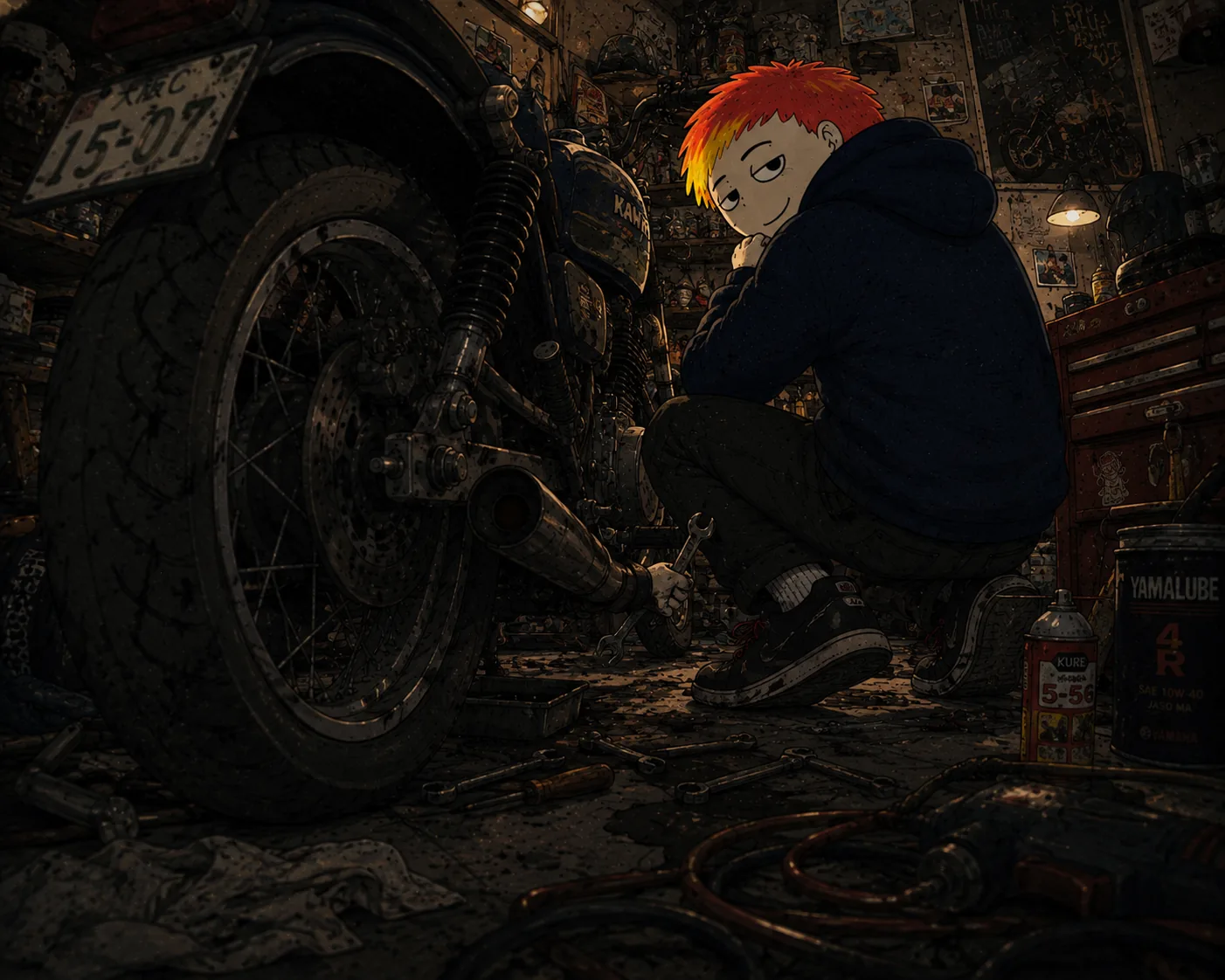 Byoch working on a motorcycle in a garage