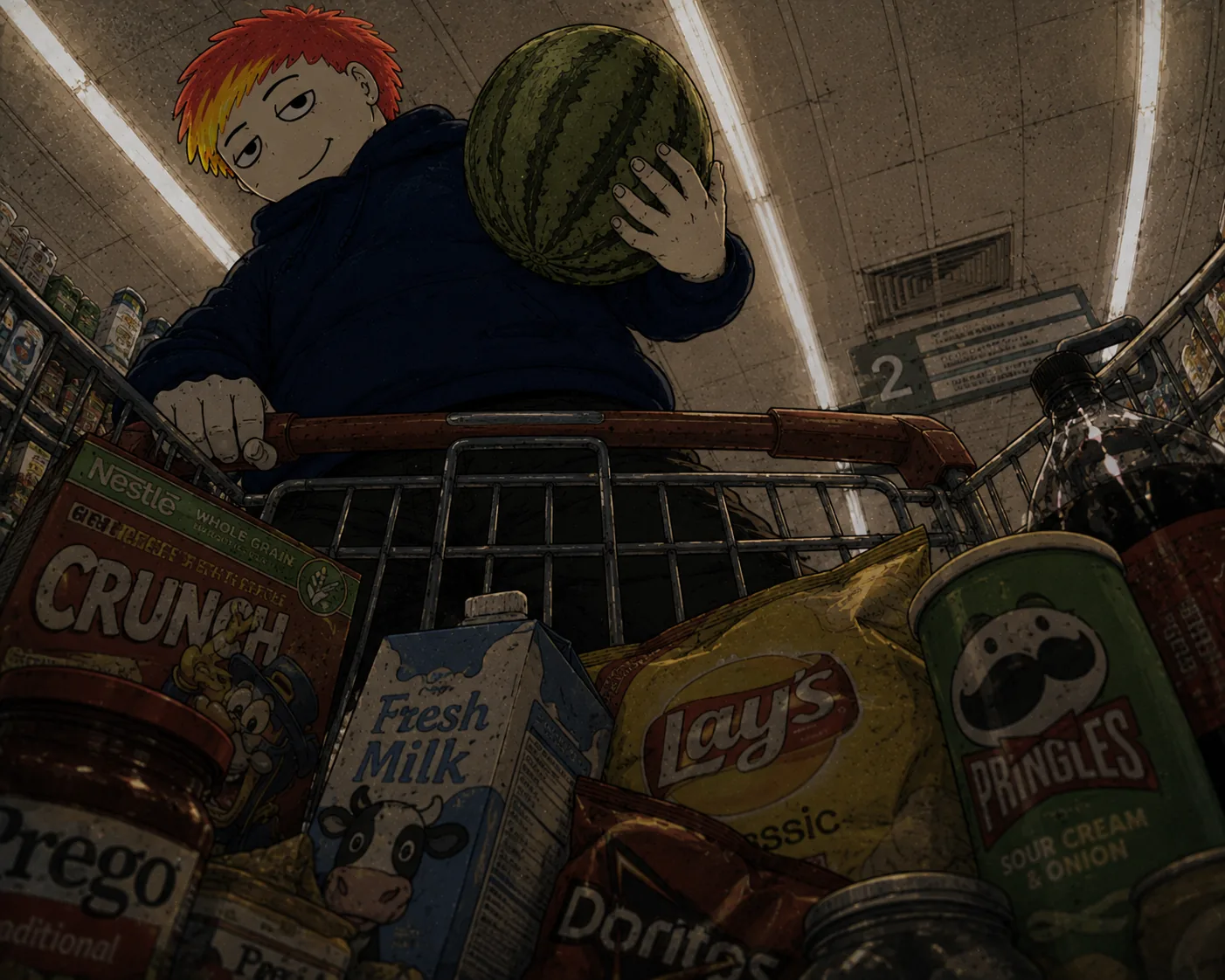 Byoch in a grocery cart with a watermelon