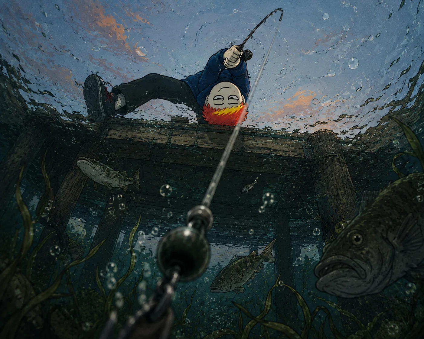 Byoch fishing from a dock at dusk