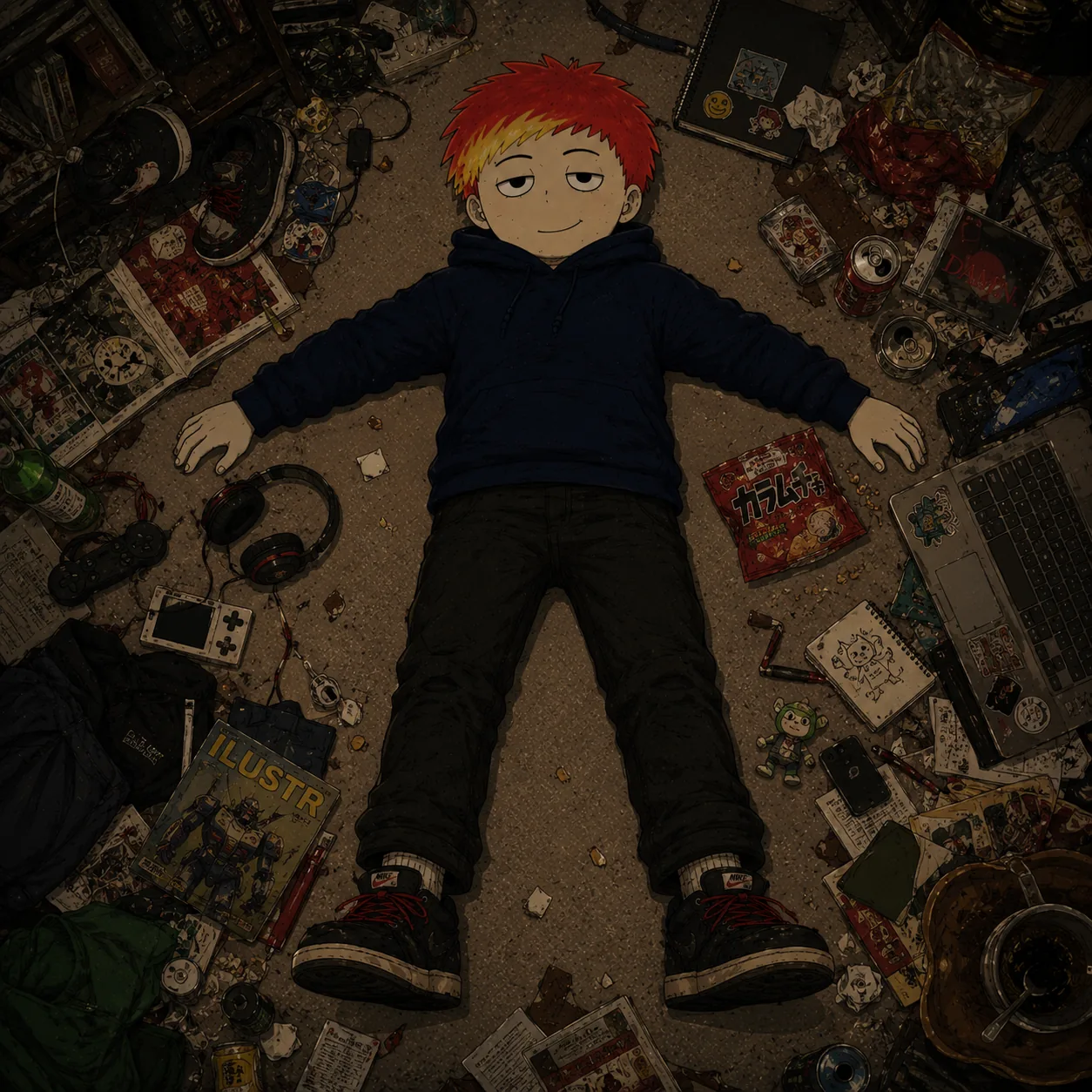 Byoch lying on the floor among games, snacks, and a laptop