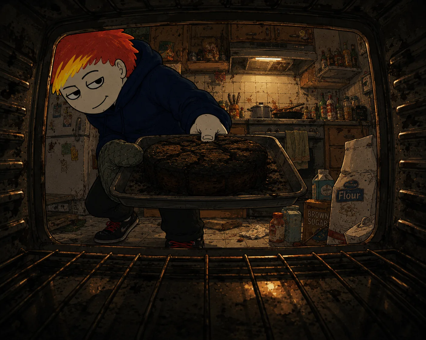 Byoch pulling a burnt cake from the oven