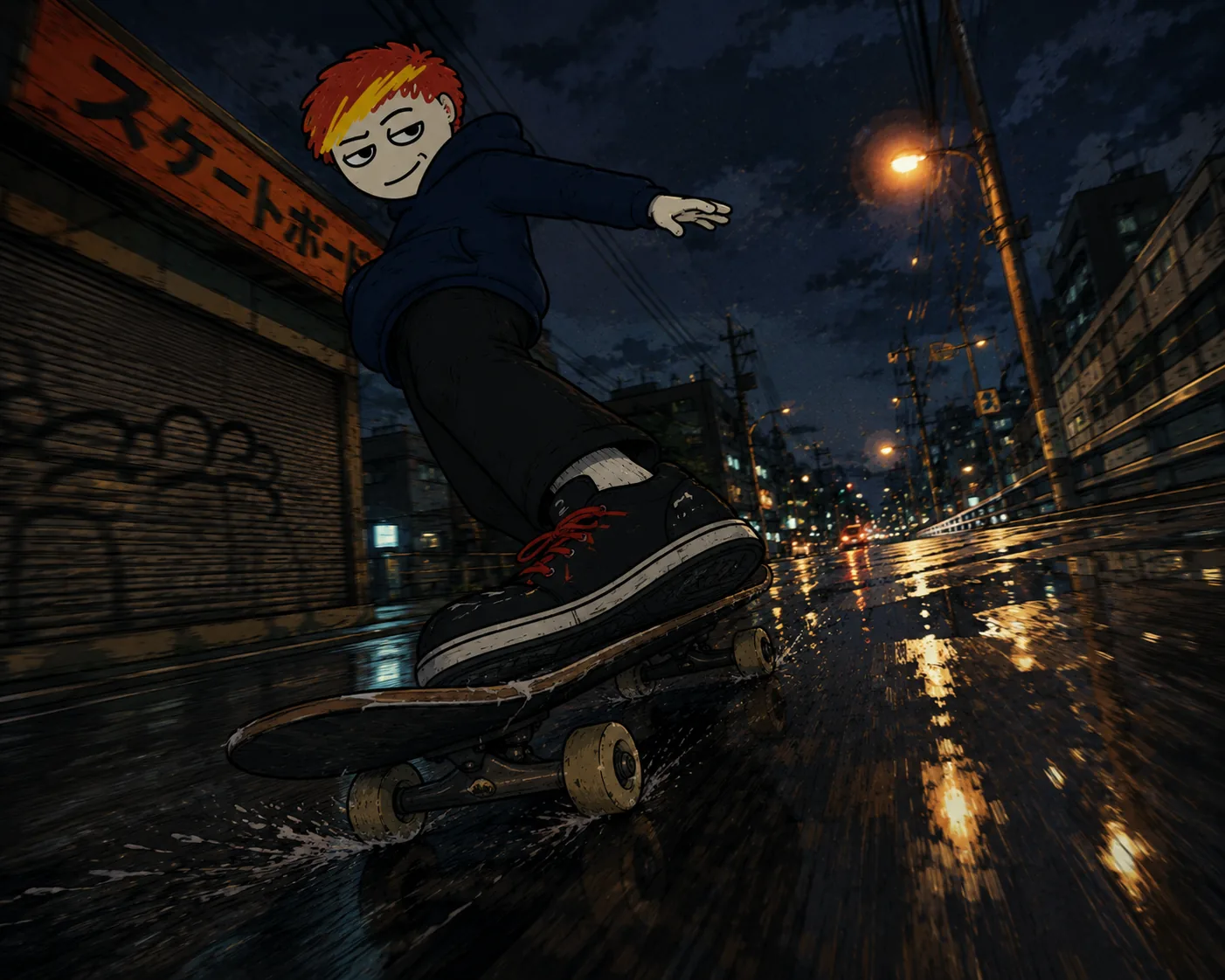 Byoch skating a wet night street past a shuttered shop