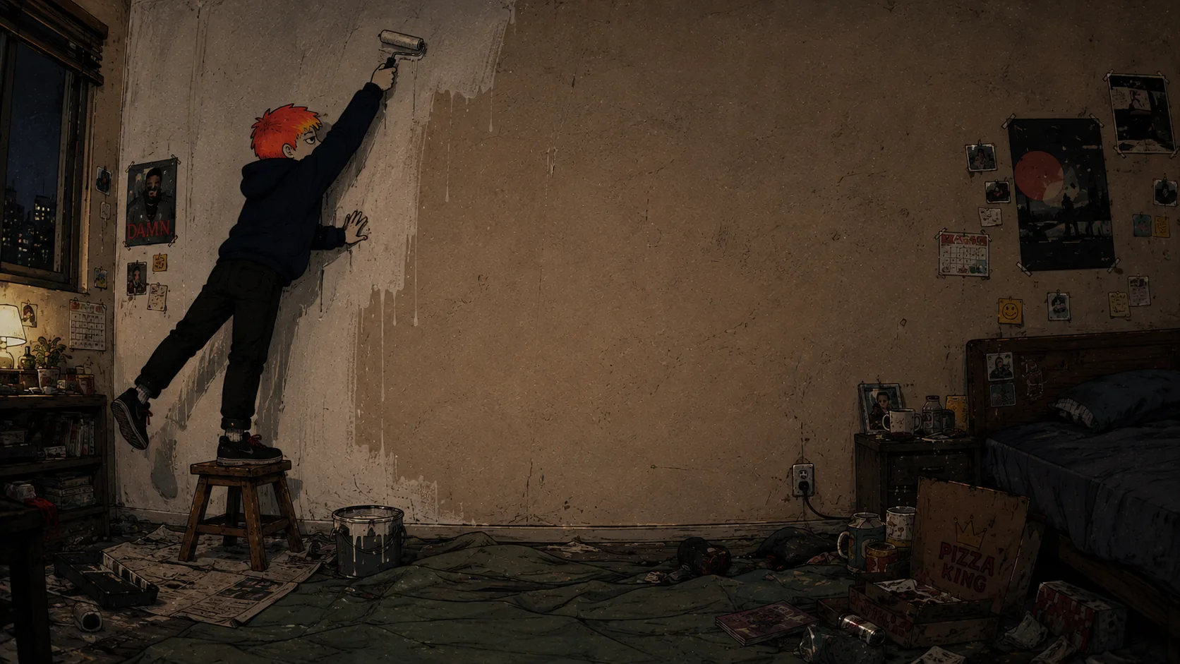 Byoch painting a blank wall in his room